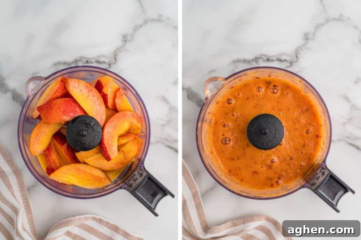 Foolproof Peach Upside Down Delight 4 Side-by-side of peach slices and pureed peaches in a food processor.