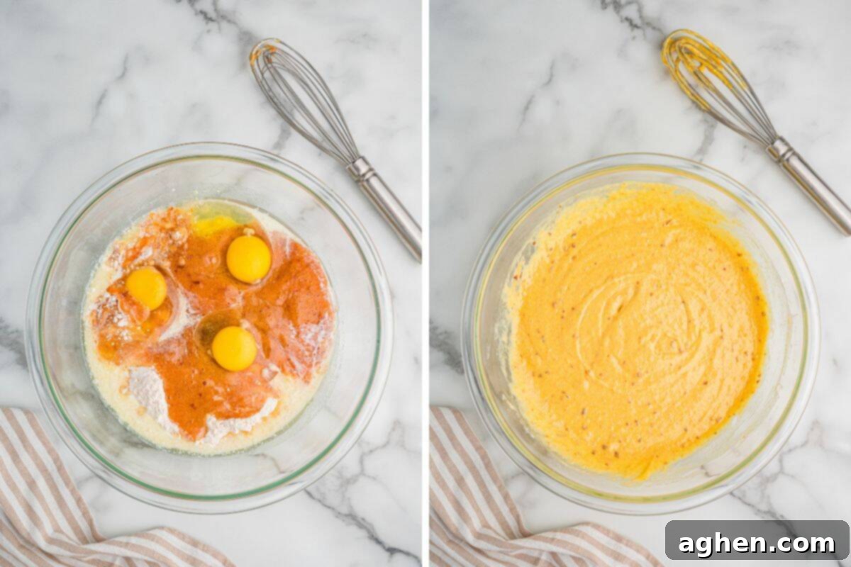Foolproof Peach Upside Down Delight 5 Side-by-side of unmixed and mixed cake batter in a bowl.