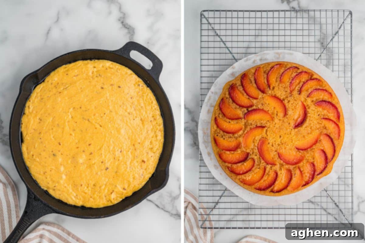 Foolproof Peach Upside Down Delight 7 Side-by-side of cake batter in skillet and baked peach upside-down cake.