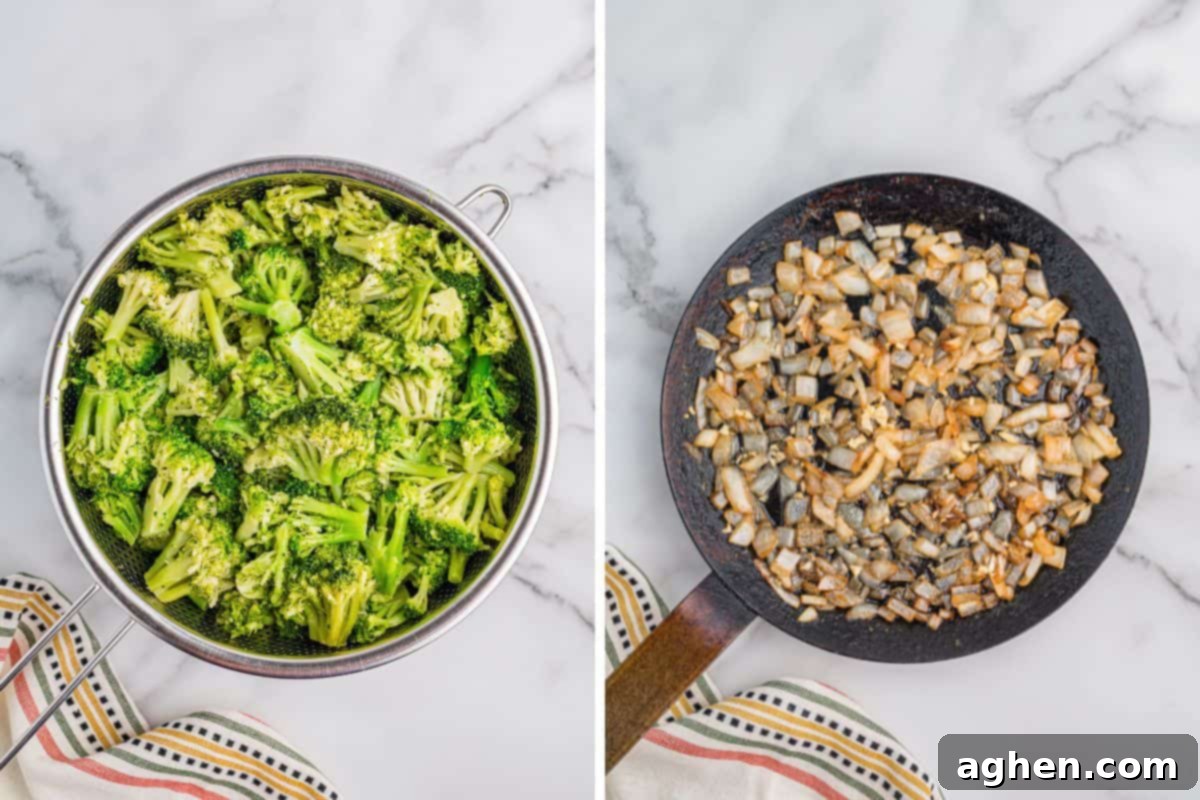 Cheesy Broccoli Delight 5 Split image showing a colander filled with steamed broccoli florets on the left, and a skillet with sautéed chopped onions on the right.
