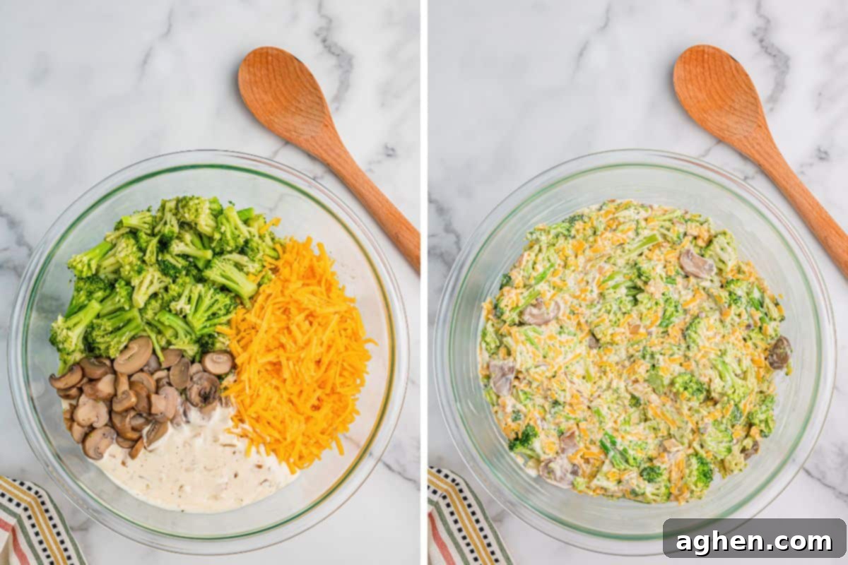 Cheesy Broccoli Delight 6 wo side-by-side images of a clear mixing bowl; the left shows separated ingredients including broccoli, shredded cheddar, mushrooms, and creamy sauce, and the right shows them combined into a uniform casserole mixture.