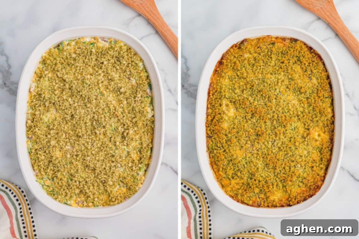 Cheesy Broccoli Delight 7 Side-by-side images of a white baking dish with broccoli casserole; the left shows the unbaked casserole topped with green breadcrumbs, and the right shows the same dish fully baked with a golden brown crust.