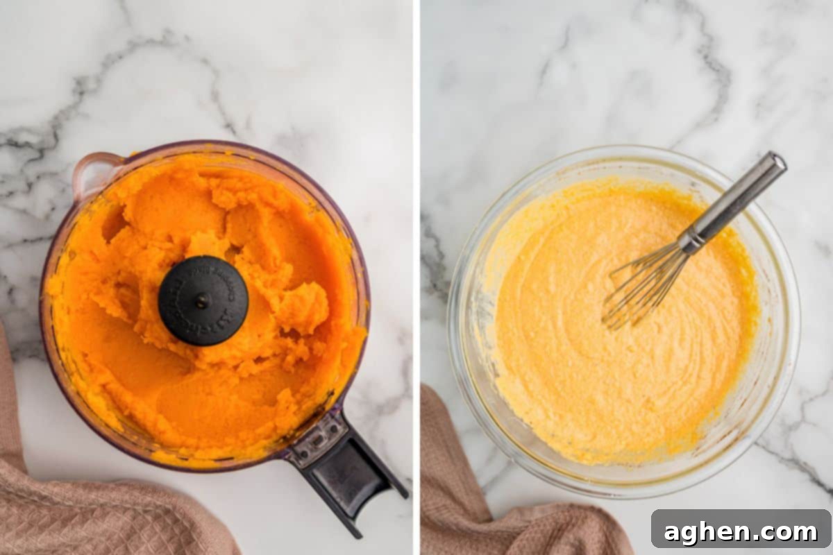 Mashed sweet potato in a food processor and mixed sweet potato cornbread batter in a glass bowl, showcasing the recipe's preparation stages.