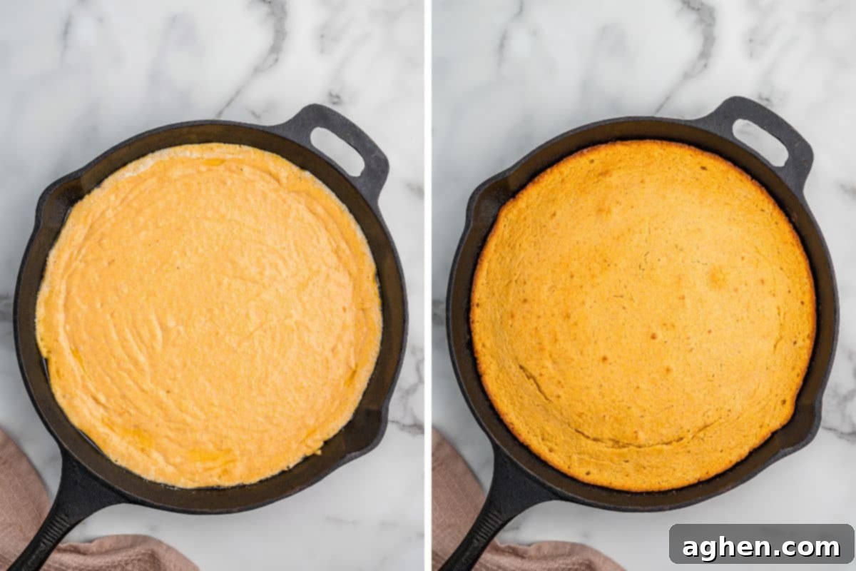 Sweet potato cornbread batter poured into a hot cast iron skillet, ready for baking, and a finished, golden-brown cornbread in the same skillet.