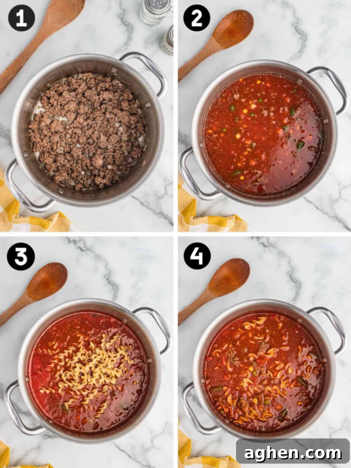 amburger noodle soup collage pin with four steps: browning ground beef, adding broth and vegetables, stirring in egg noodles, and the finished soup with cooked noodles and beef in red broth.