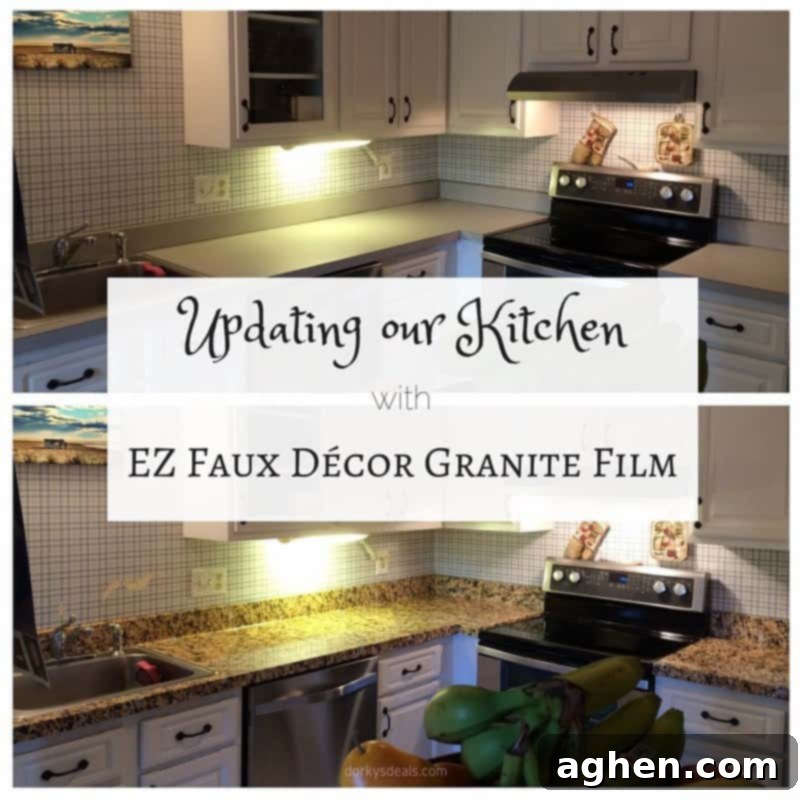 Before and after photo with countertop film installed. Reads: Updating our Kitchen with EZ Faux Décor Granite Film.
