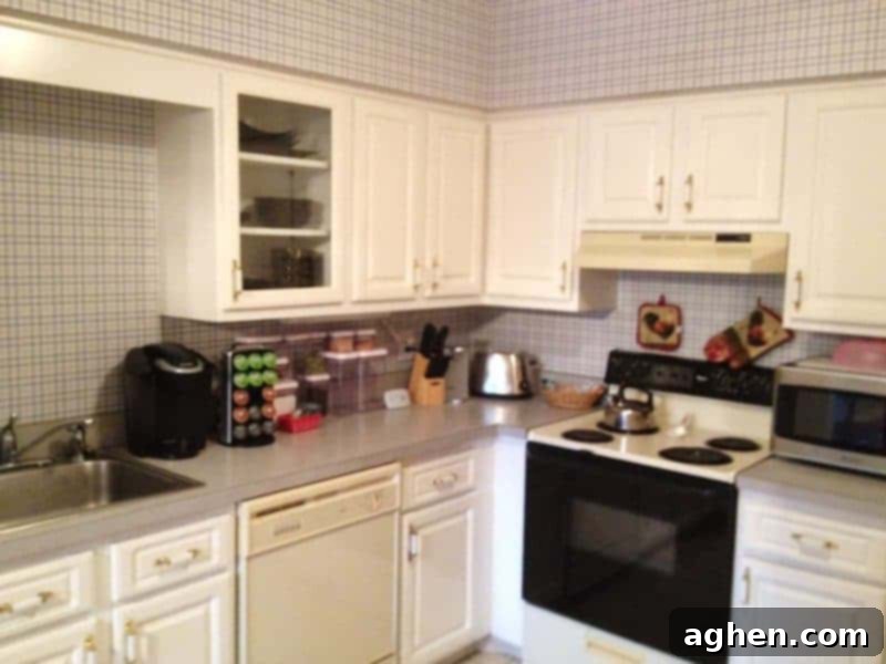 Kitchen with blue spotted laminate countertop.