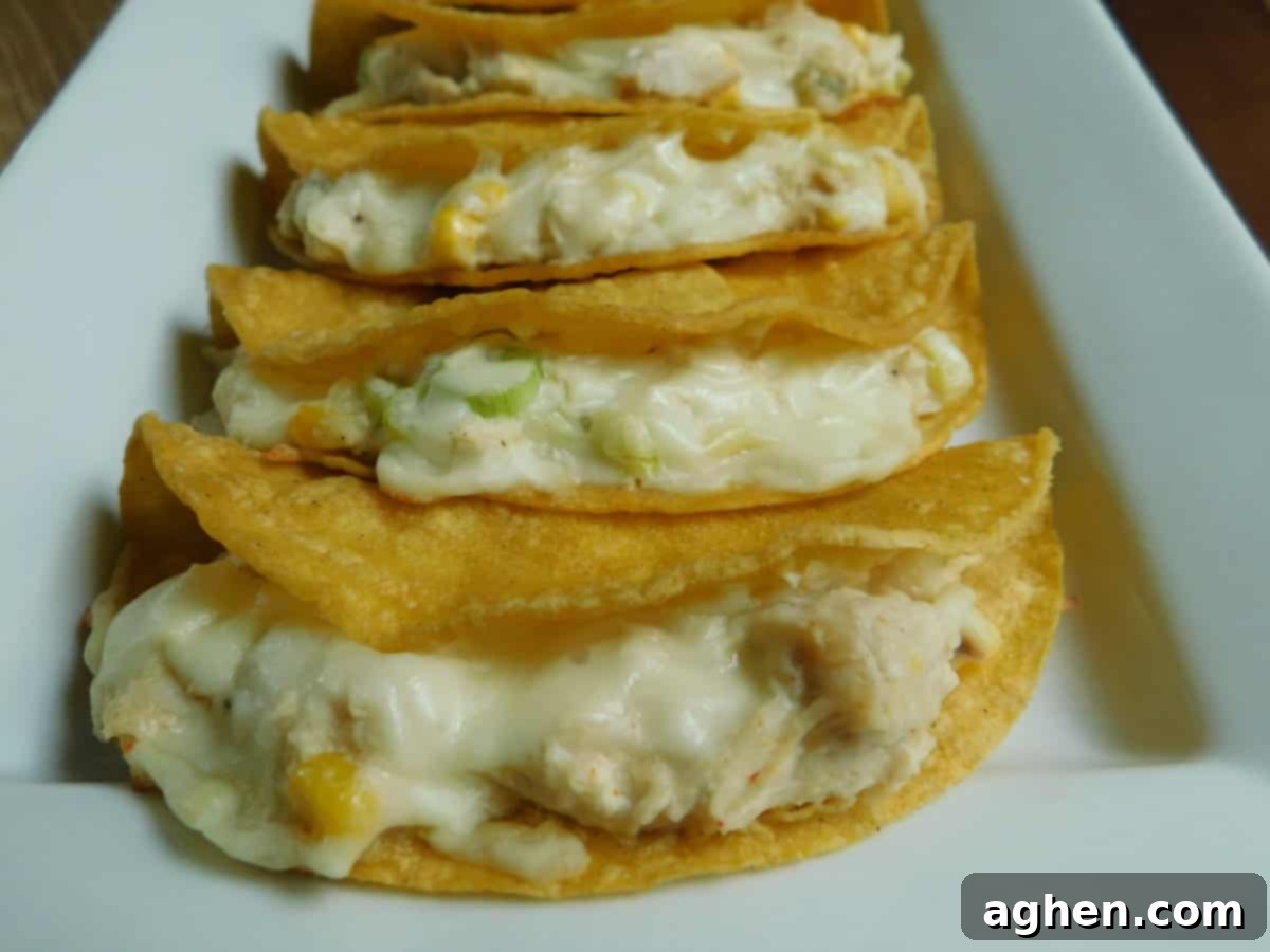 Close-up of baked white chicken chili tacos
