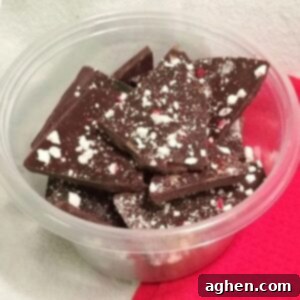 Holiday Peppermint Crunch 4 Peppermint chocolate bark in plastic container, ready for serving or gifting.