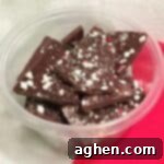 Holiday Peppermint Crunch 5 Peppermint chocolate bark in plastic container.
