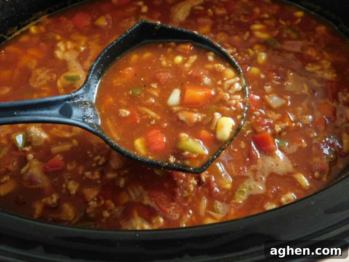 WW Chicken Taco Soup 3 A close-up shot of the finished Weight Watchers chicken taco soup in a slow cooker.