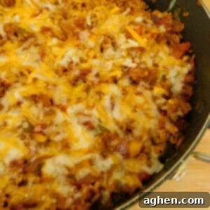 Zesty One-Pot Mexican Chicken and Rice 2 One-Pot Mexican Chicken and Rice in a skillet, garnished with melted cheese.