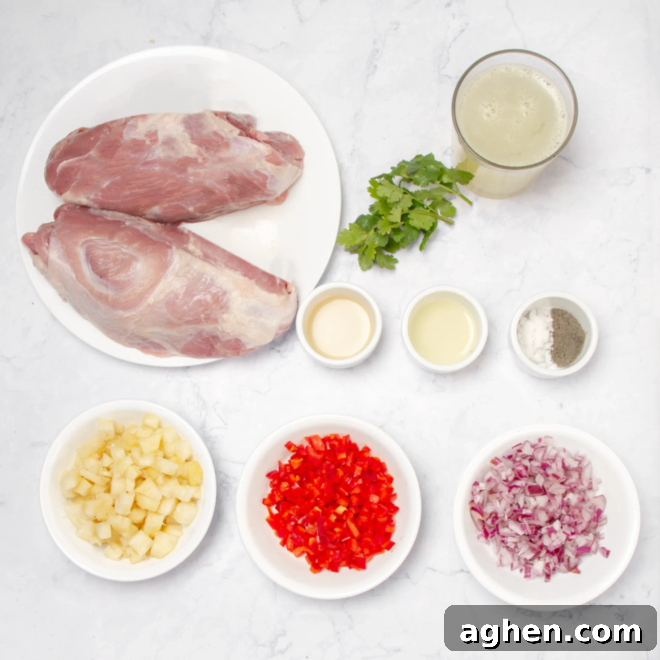 Pineapple Salsa Pork Tenderloin Feast 3 Ingredients for pork tenderloin with pineapple salsa in separate dishes.