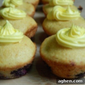 Zesty Mini Blueberry Lemon Cupcakes 2 Close-up of a single mini blueberry lemon cupcake with yellow frosting.
