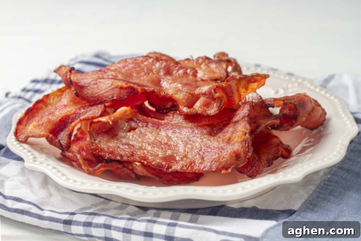 Perfectly Crispy Air Fryer Turkey Bacon 2 Crispy air fryer turkey bacon on a plate, garnished with parsley.