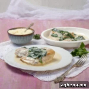 Luscious Light Chicken Florentine 7 Creamy chicken Florentine topped with sauteed spinach on a plate.