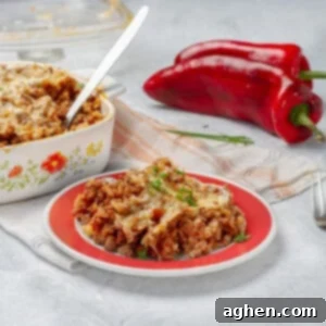 Quick and delicious Stuffed Pepper casserole topped with melted cheese.