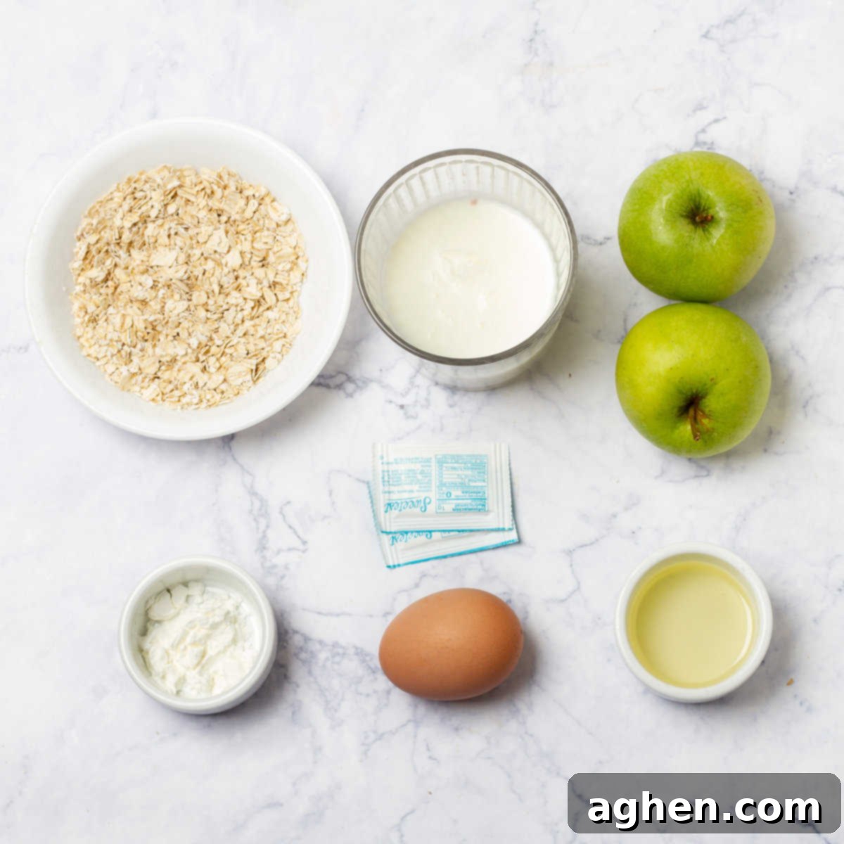 Smart Apple Pancakes 3 Oats, milk, apples, egg, baking powder and spices in separate dishes.