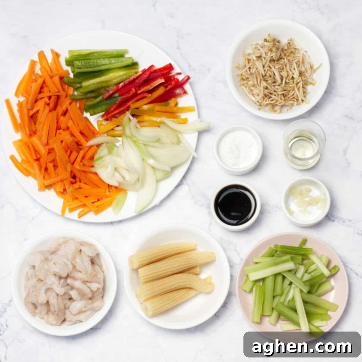 Shrimp Garden Medley 3 A collection of fresh vegetables and shrimp, ready for cooking Shrimp Chop Suey.