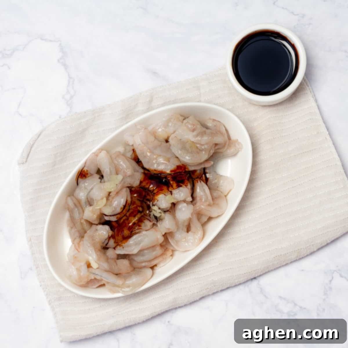 Shrimp Garden Medley 4 Shrimp marinating in soy sauce and minced garlic, absorbing rich flavors.