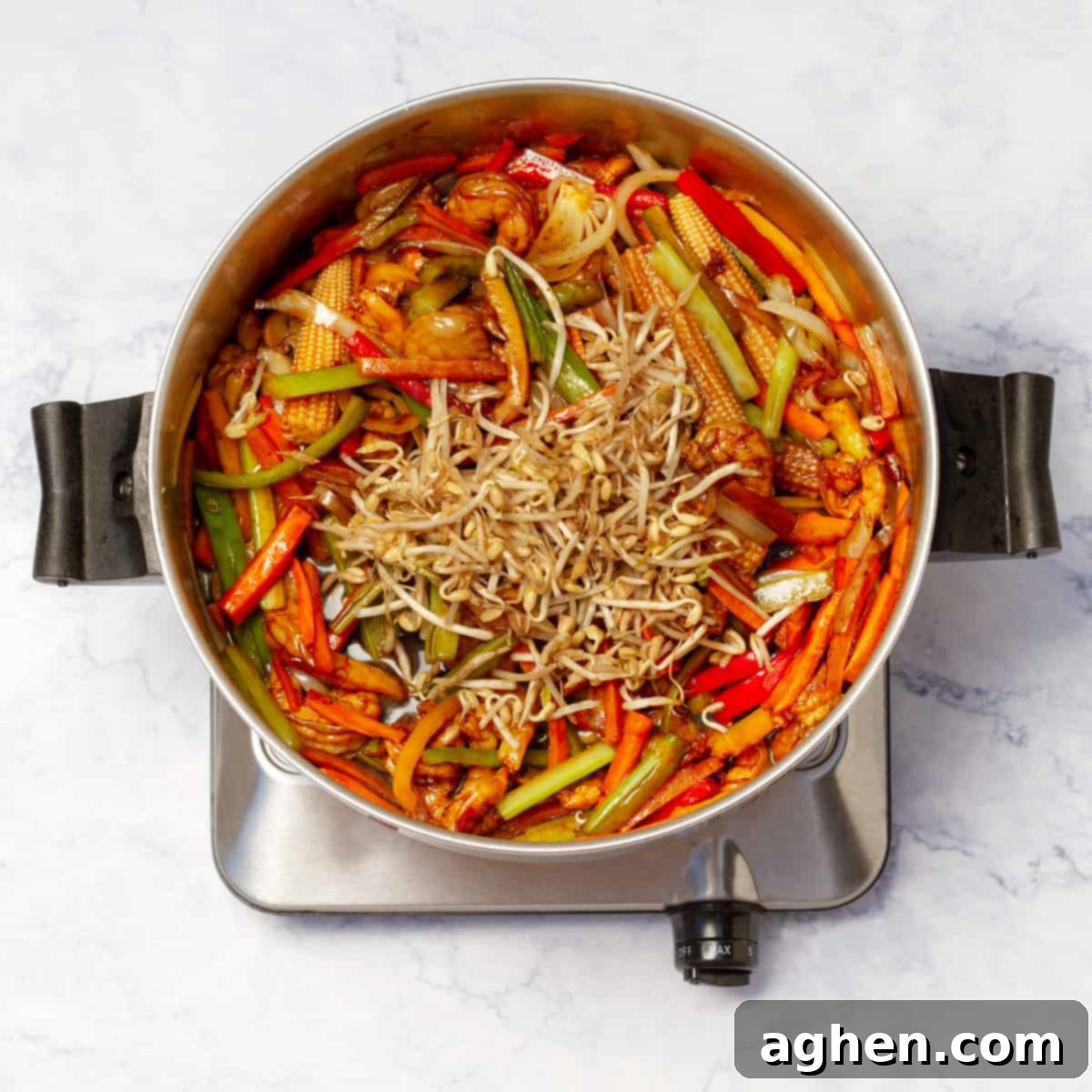Shrimp Garden Medley 7 Bean sprouts and baby corn added to the stir-frying vegetables in the skillet for final touches.