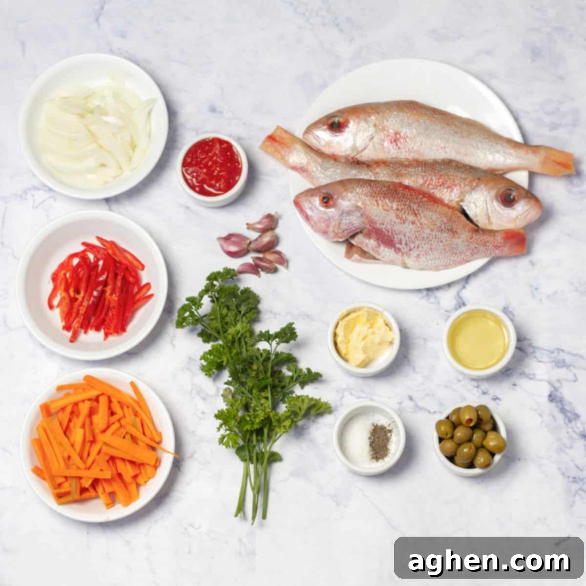 Mastering Mouthwatering Stuffed Fish 3 Various fresh ingredients for stuffed fish laid out on a table