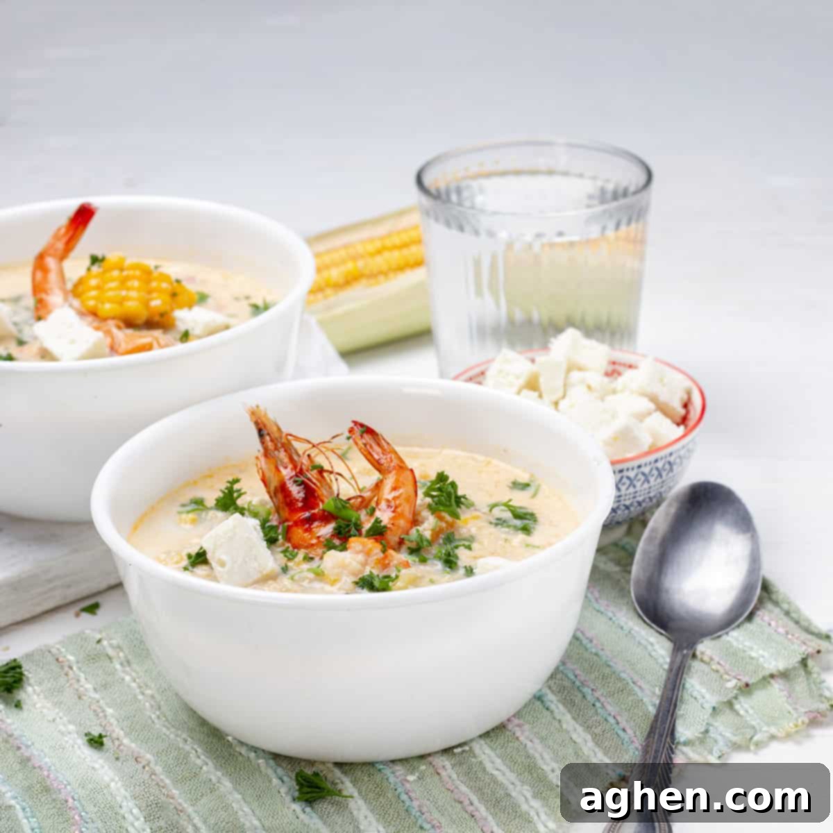 Chupe de Camarones served in a bowl, garnished with fresh herbs