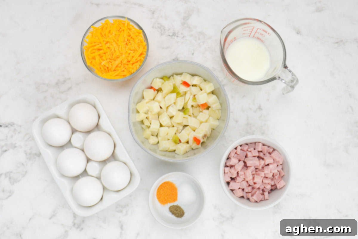Smart Start Breakfast Bake 3 All the fresh ingredients required to make the Weight Watchers breakfast casserole are neatly arranged in various sized bowls on a rustic wooden surface. Six large eggs are prominently displayed in a white egg crate, ready for use.