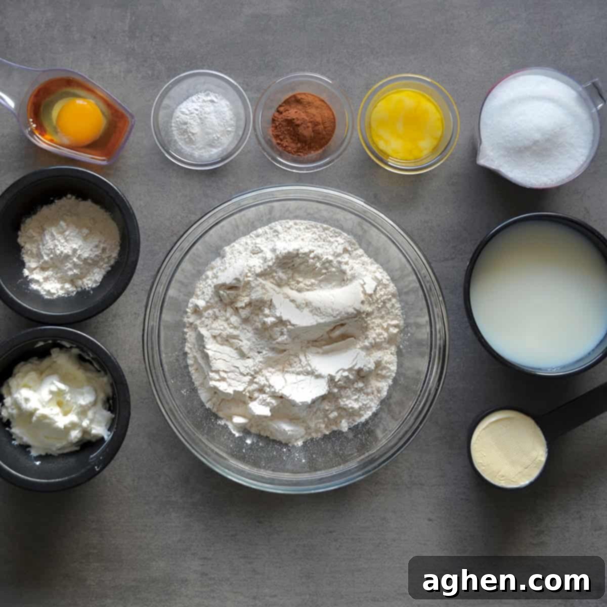 Indulge in Slow Cooker Coffee Cake The Weight Watchers Way 3 All the dry and wet ingredients for making slow cooker coffee cake laid out on a table, including flour, sweeteners, butter substitute, and eggs.