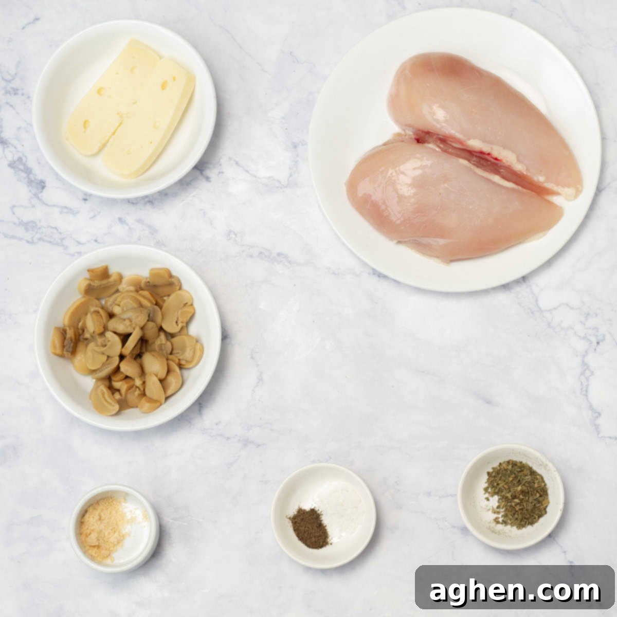 Gourmet Mushroom and Mozzarella Stuffed Chicken 3 All ingredients for Chicken Stuffed with Mushrooms and Mozzarella Cheese laid out neatly.