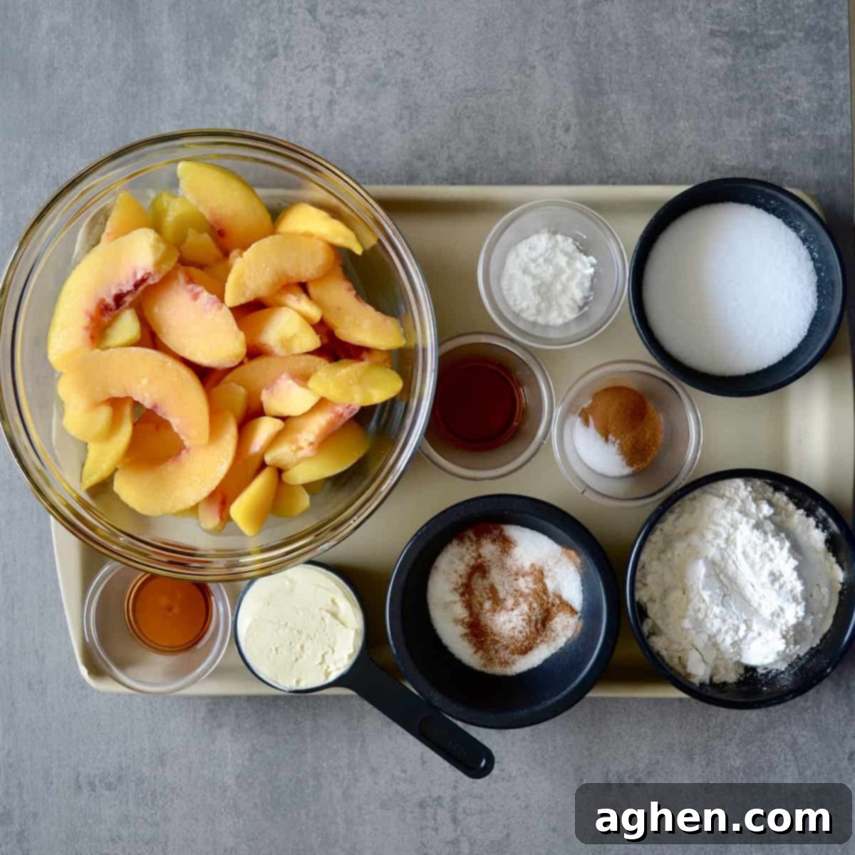 Light and Luscious Peach Cobbler 3 Measured ingredients for making weight watchers peach cobbler