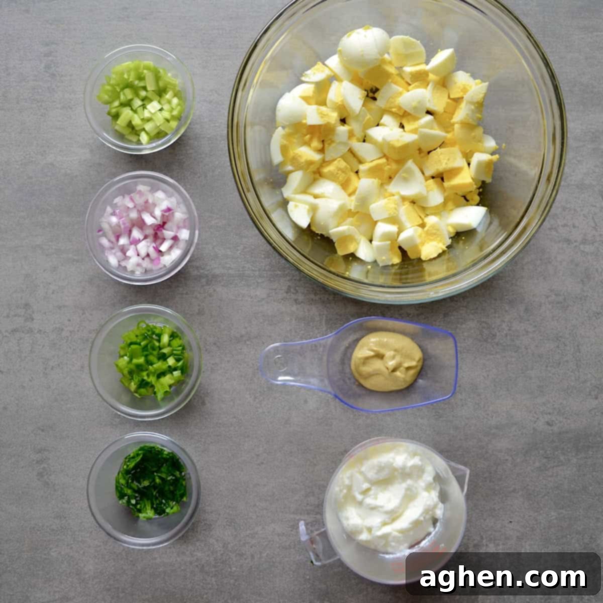 Light & Creamy Weight Watchers Egg Salad 3 Measured ingredients for making a healthy Greek yogurt egg salad