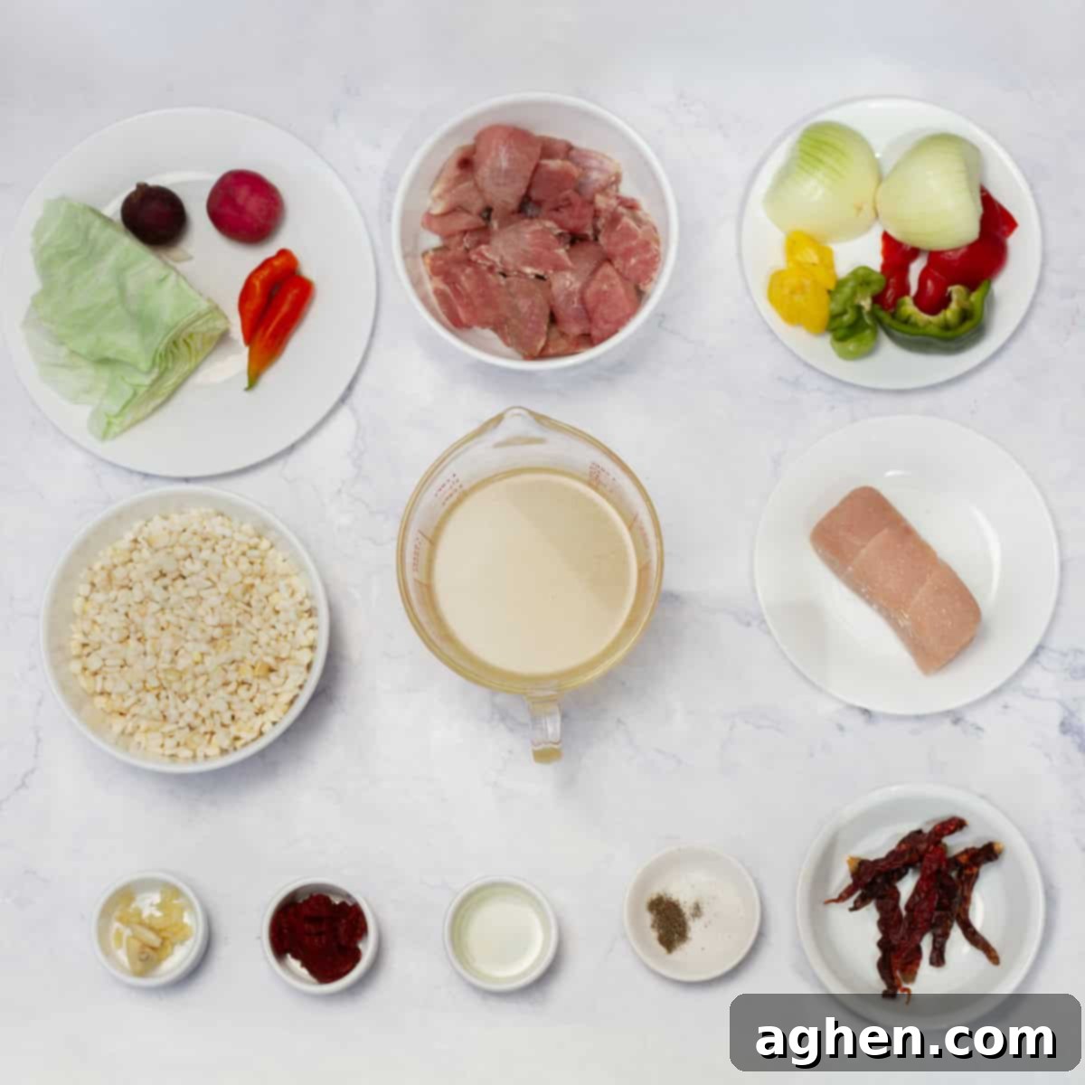 Light Pozole: All the Flavor, Less Guilt 3 Light pozole ingredients in separate dishes.