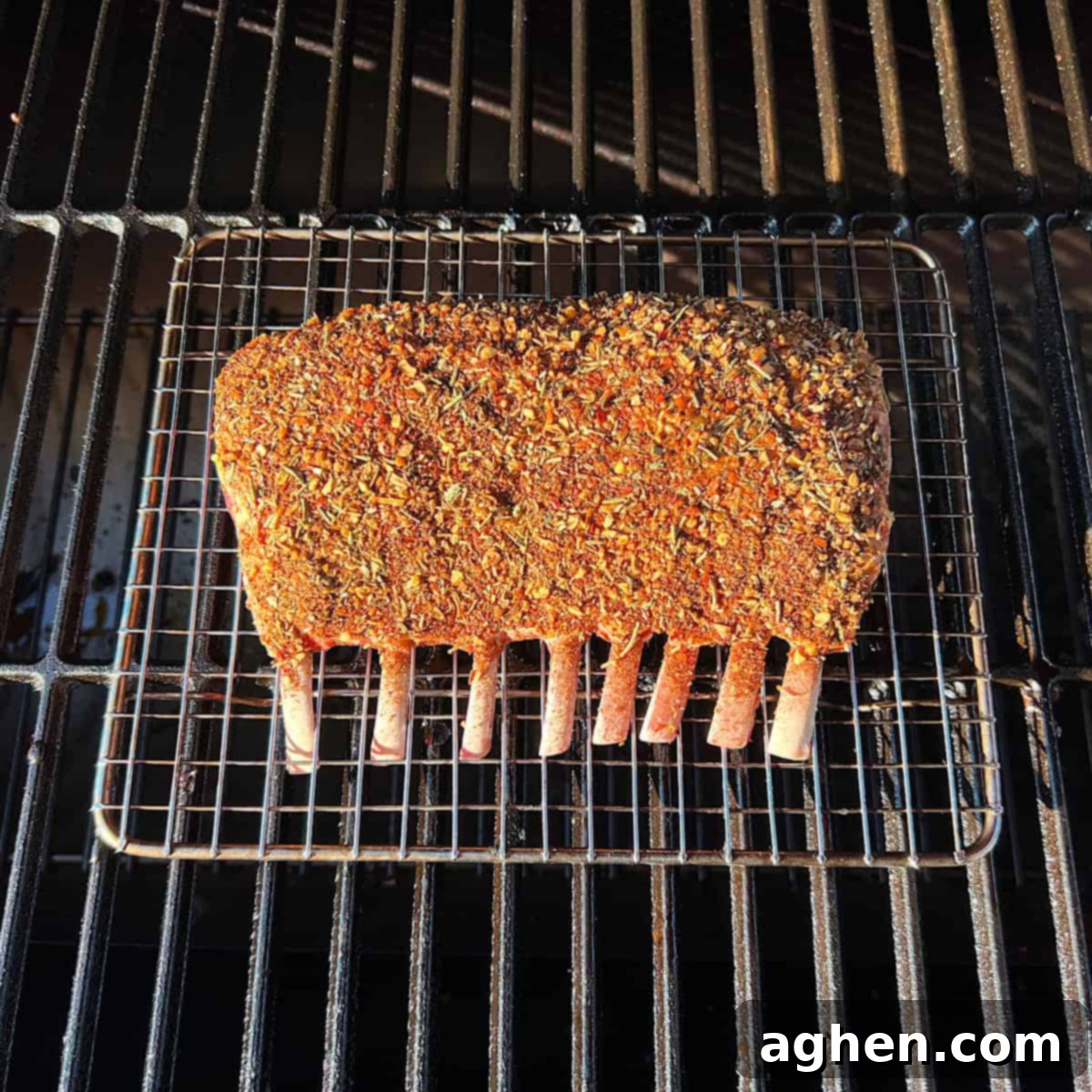 Perfectly Smoked Rack of Lamb, Surprisingly Simple 6 Rack of lamb on a wire rack inside a smoker
