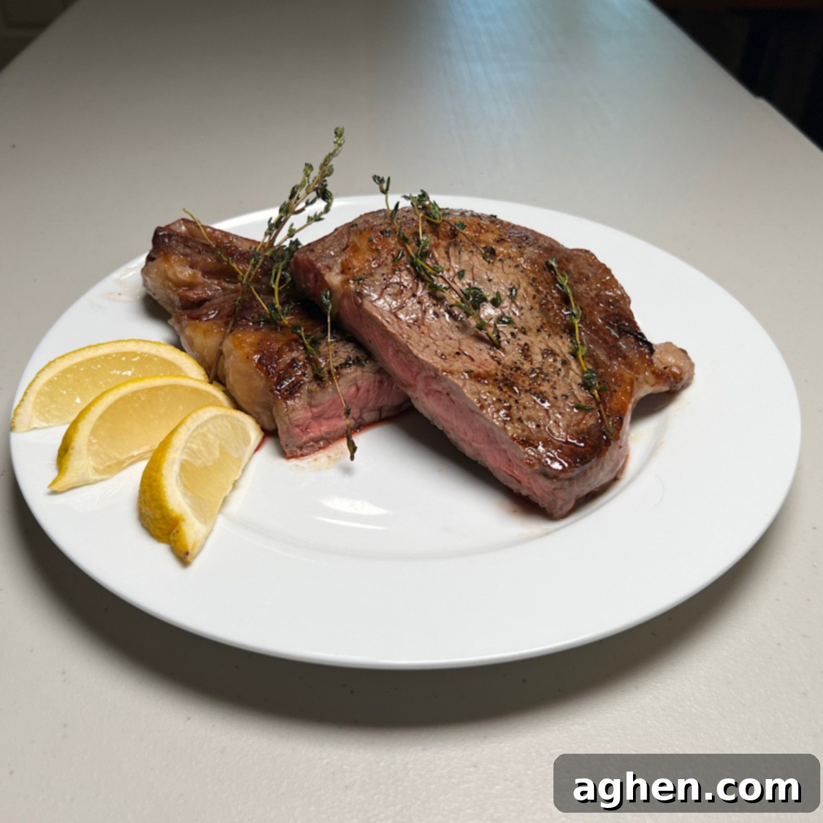 Mükemmel Biftek: Döküm Tavada Pişirmenin Püf Noktaları 12 A perfectly cooked ribeye steak sliced and resting on a white plate.