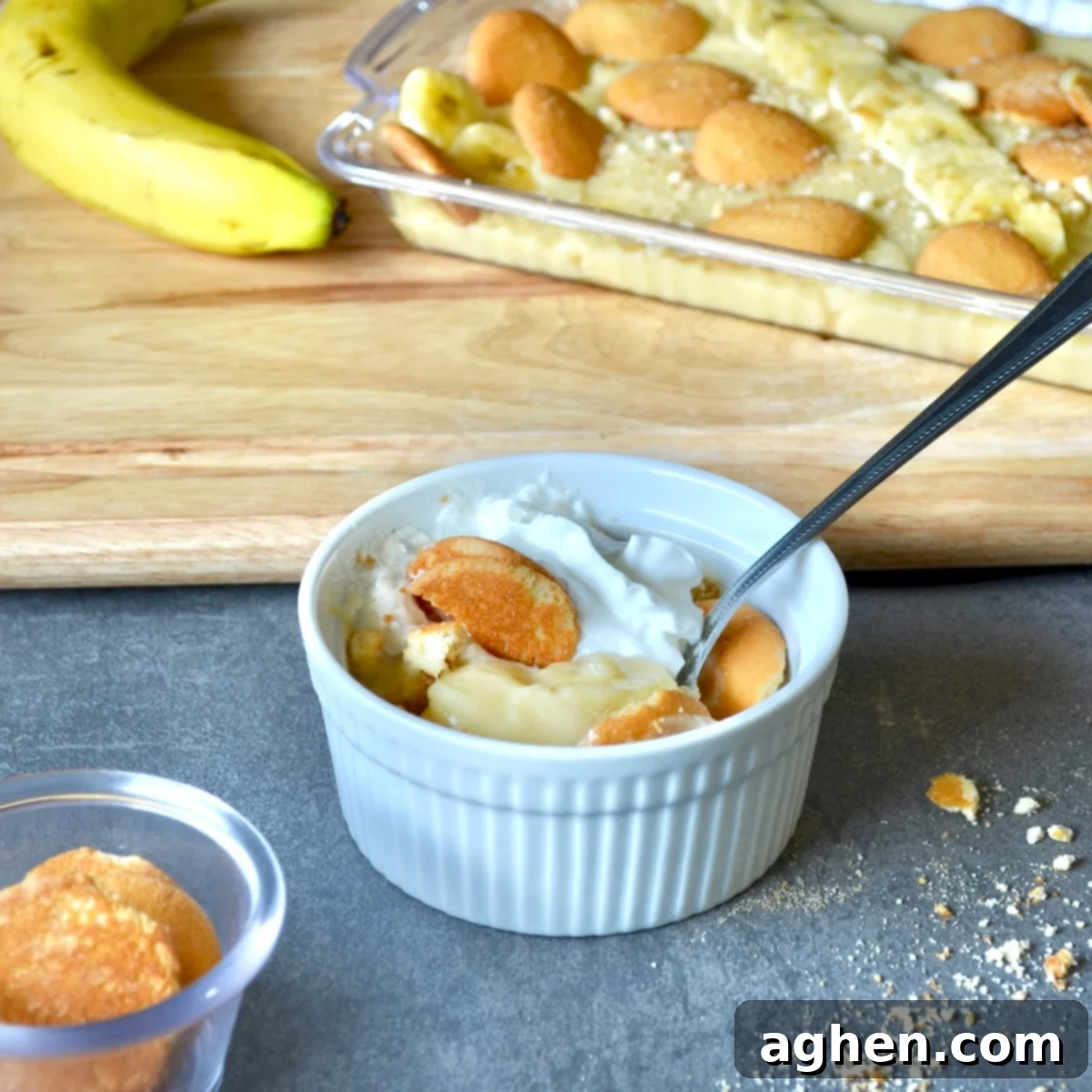Light and Creamy Weight Watchers Banana Pudding 2 Weight Watchers Banana Pudding in an elegant ramekin, showcasing its creamy texture and sliced bananas.
