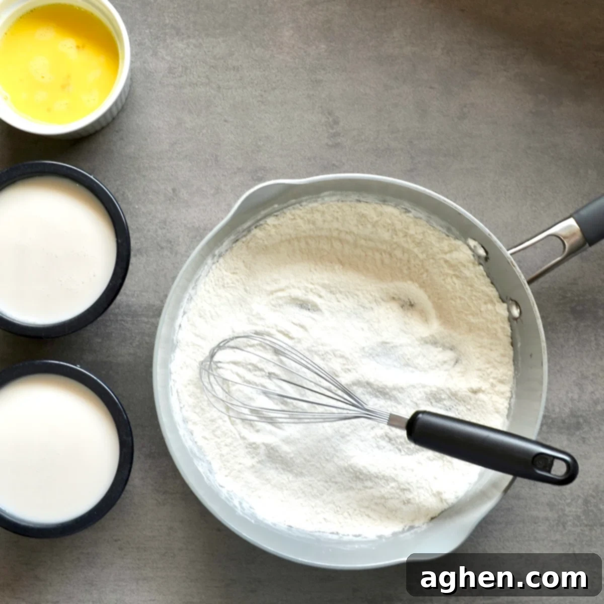 Light and Creamy Weight Watchers Banana Pudding 4 Dry ingredients for banana pudding, including flour, salt, and sweetener, in a large saucepan, ready to be whisked.