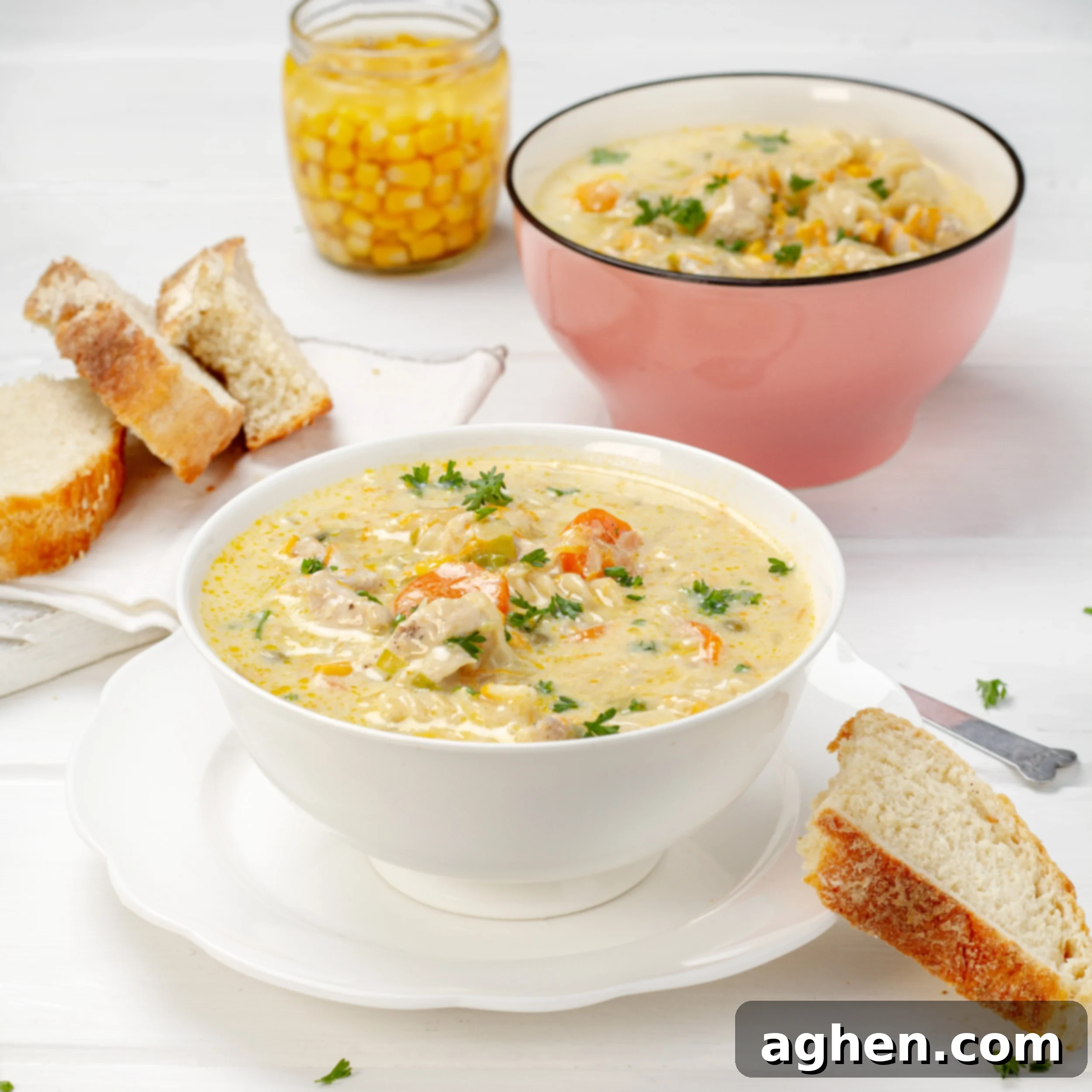 Creamy chicken pasta soup in a bowl with bread on the side, inviting and warm.