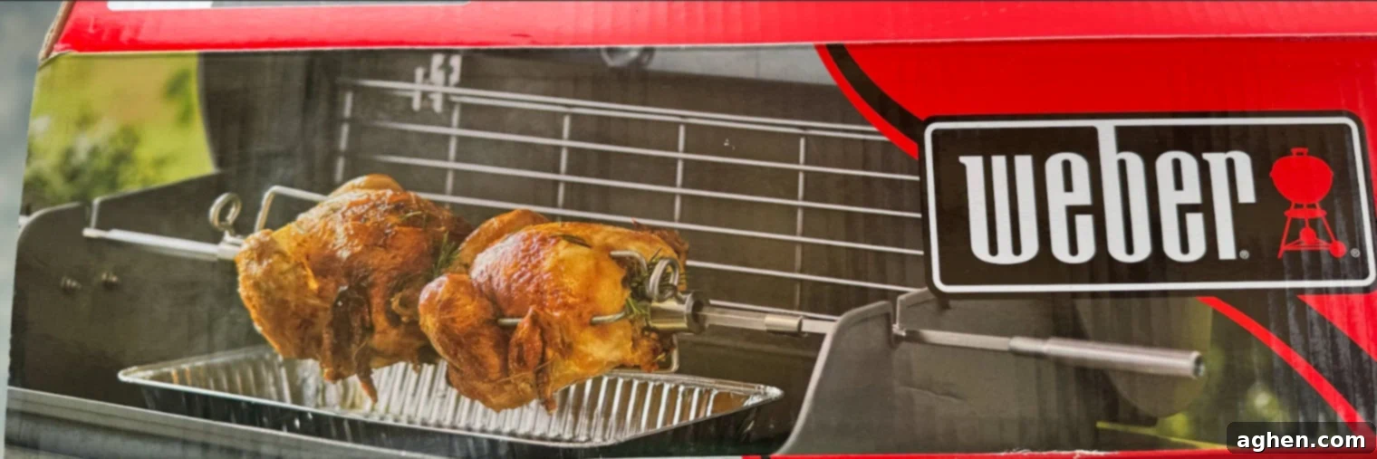 The Only Weber Accessory You Need for Perfectly Tender Chicken 3 Close-up of a Weber grill rotisserie setup with a chicken on the spit.