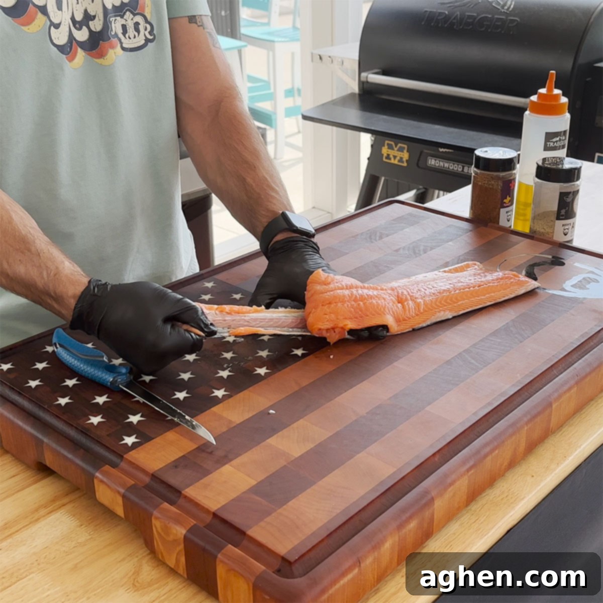 Unlock Delicious Griddle Salmon Bites 4 Removing salmon skin with a knife