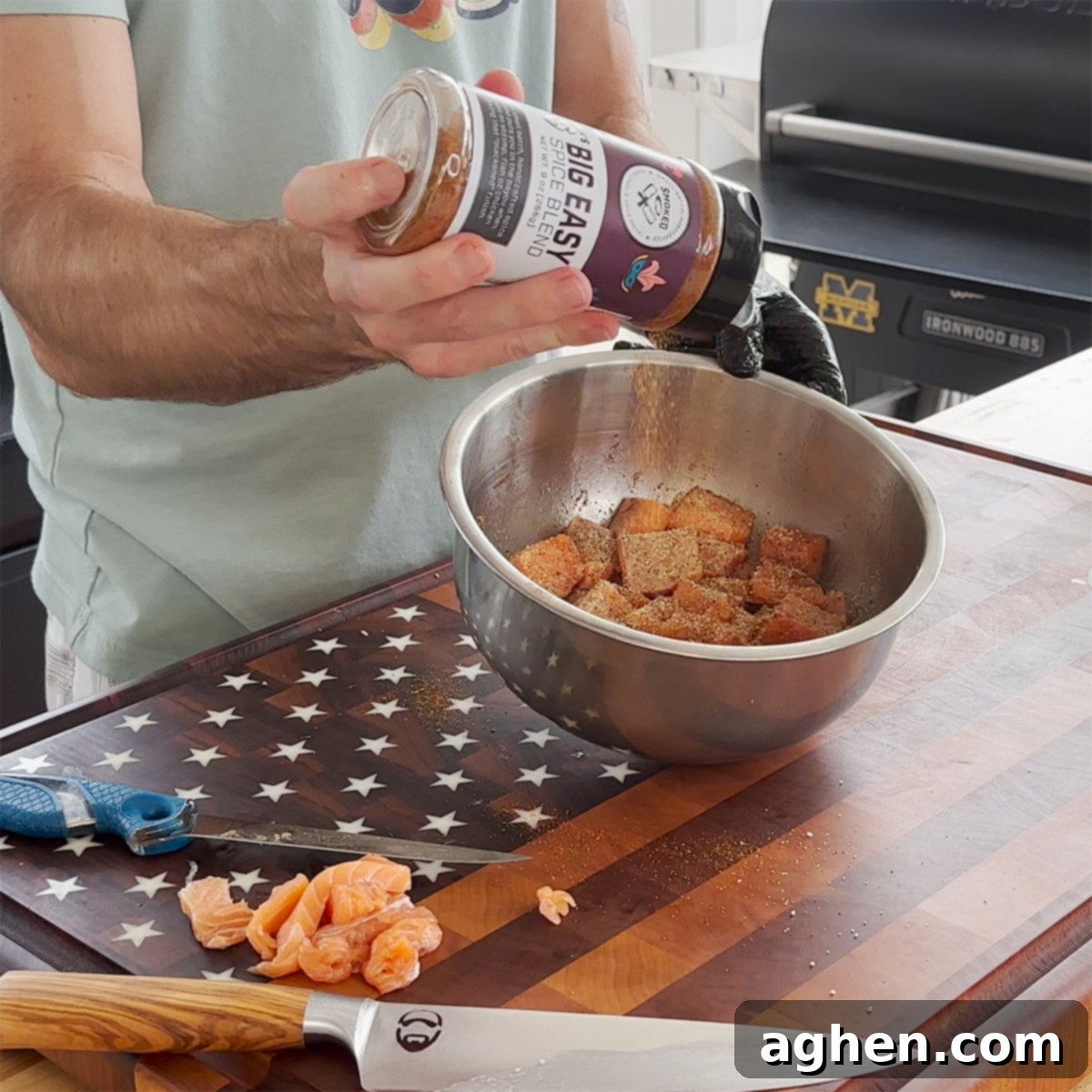 Unlock Delicious Griddle Salmon Bites 6 Seasoned salmon cubes in a bowl