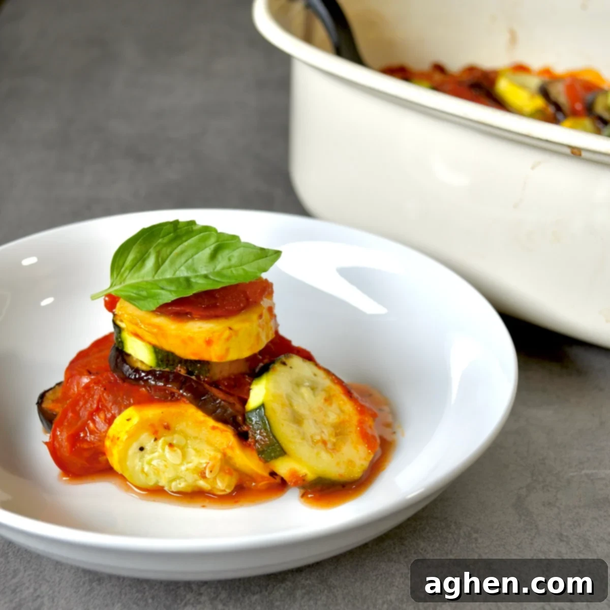 Late Summer Light Ratatouille Bake 8 Close-up image of the layered Ratatouille with vibrant colors.