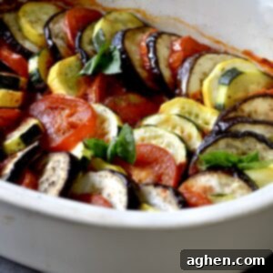 Late Summer Light Ratatouille Bake 9 Cooked ratatouille in a casserole dish, ready to be served.