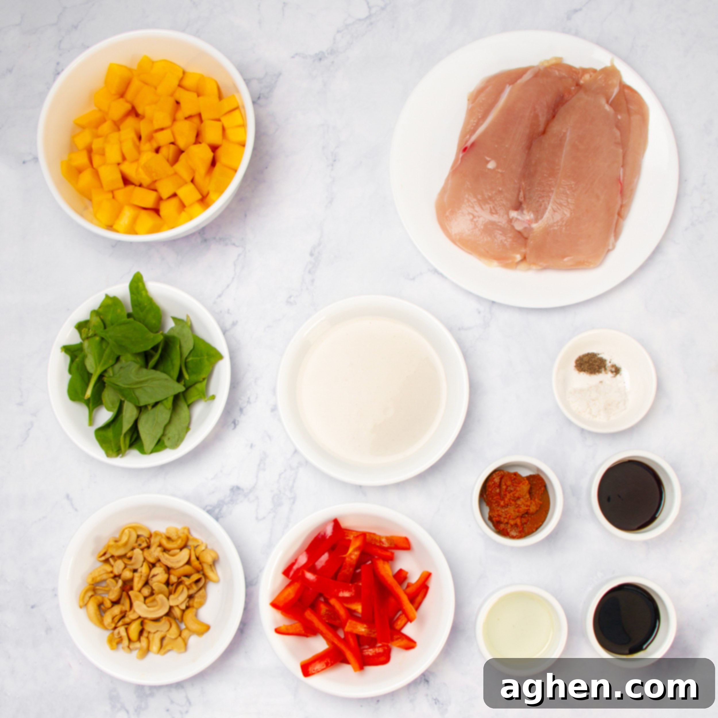 Comforting Slow Cooker Chicken Pumpkin Curry 3 All the Slow Cooker Chicken Pumpkin Curry ingredients arranged separately in dishes.