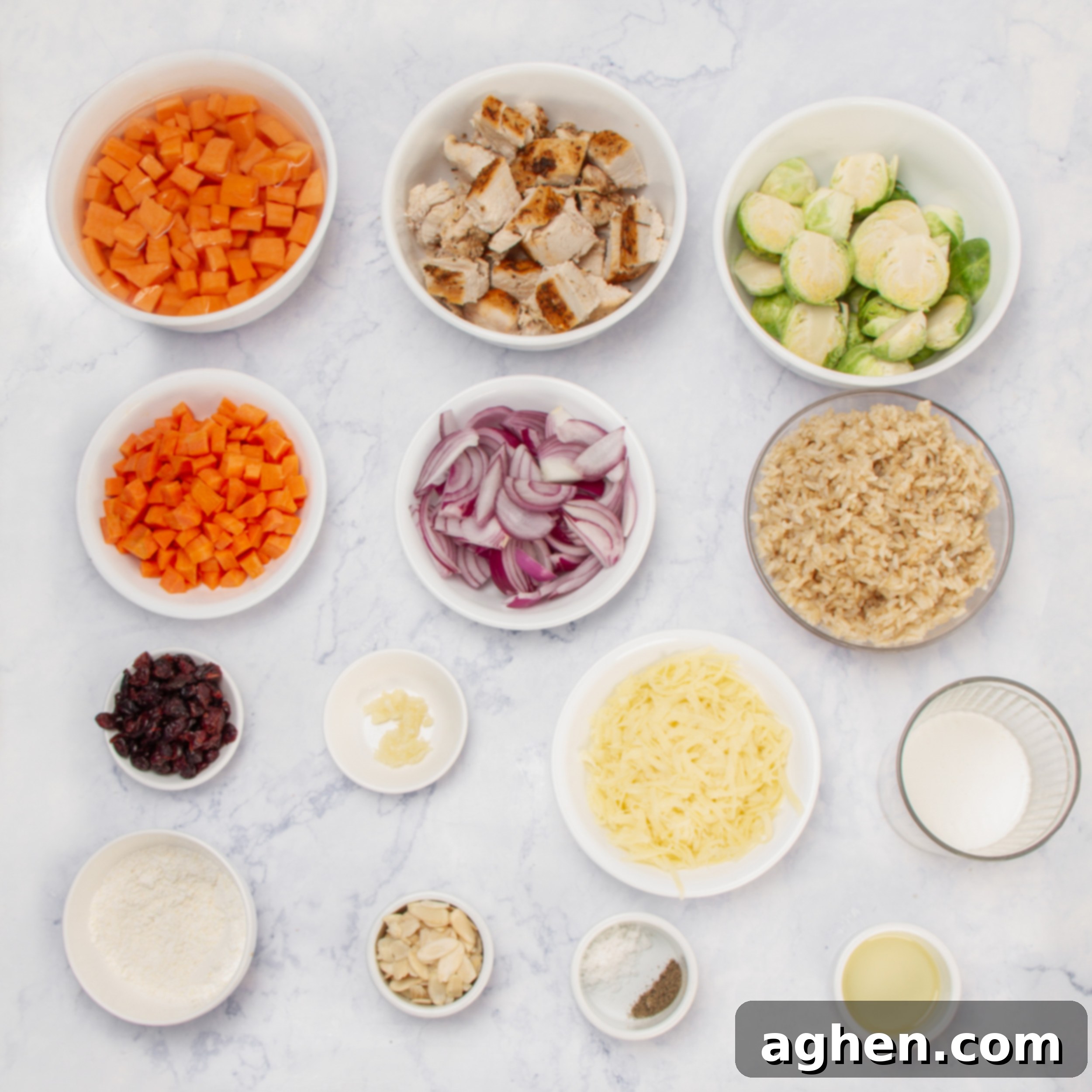 Fall Harvest Chicken Casserole A Weight Watchers Classic 3 Harvest Chicken Casserole ingredients in separate dishes on a counter.