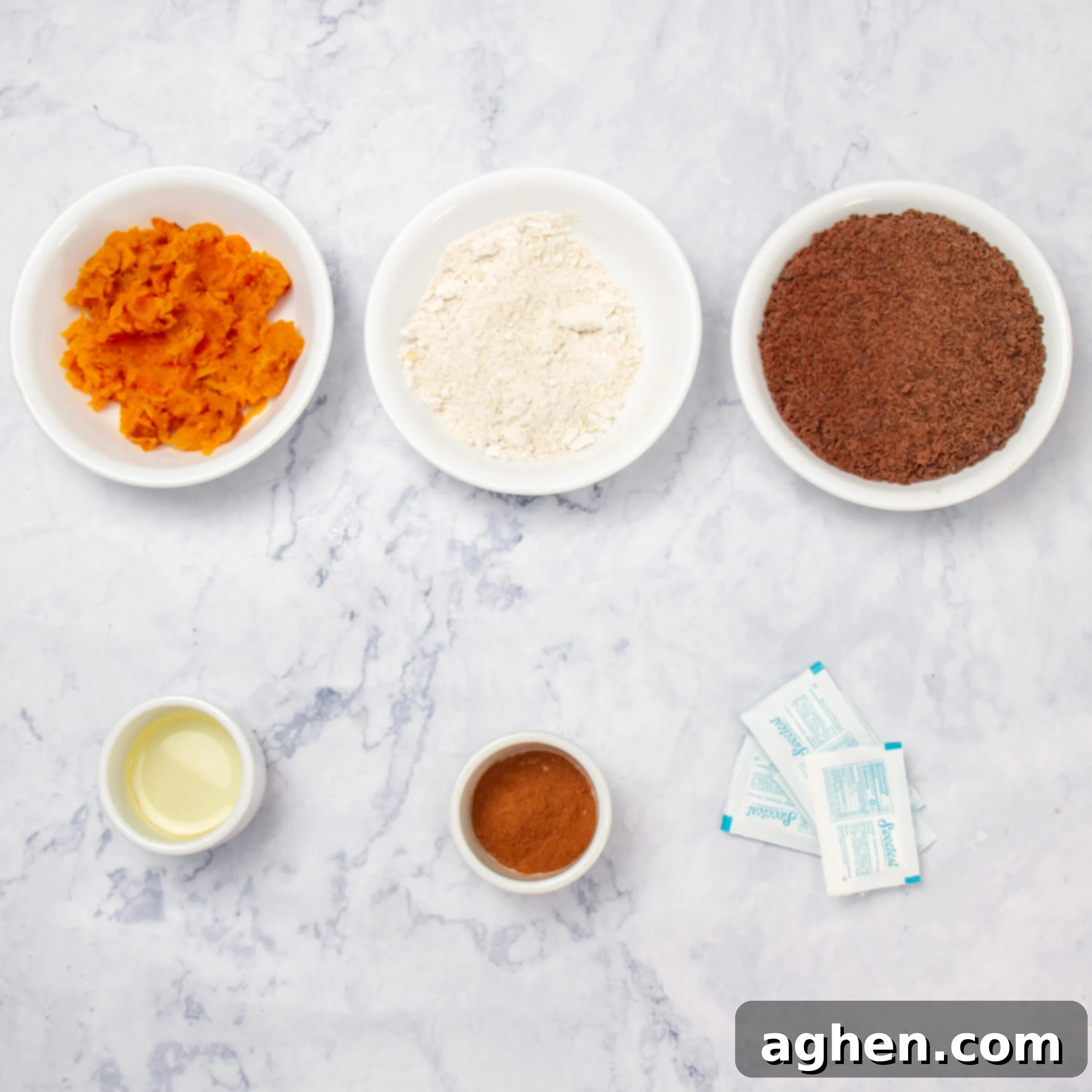 Weight Watchers Chocolate Pumpkin Truffles: The Ultimate Fall Treat 3 Chocolate Pumpkin Truffle ingredients in separate dishes on a countertop.