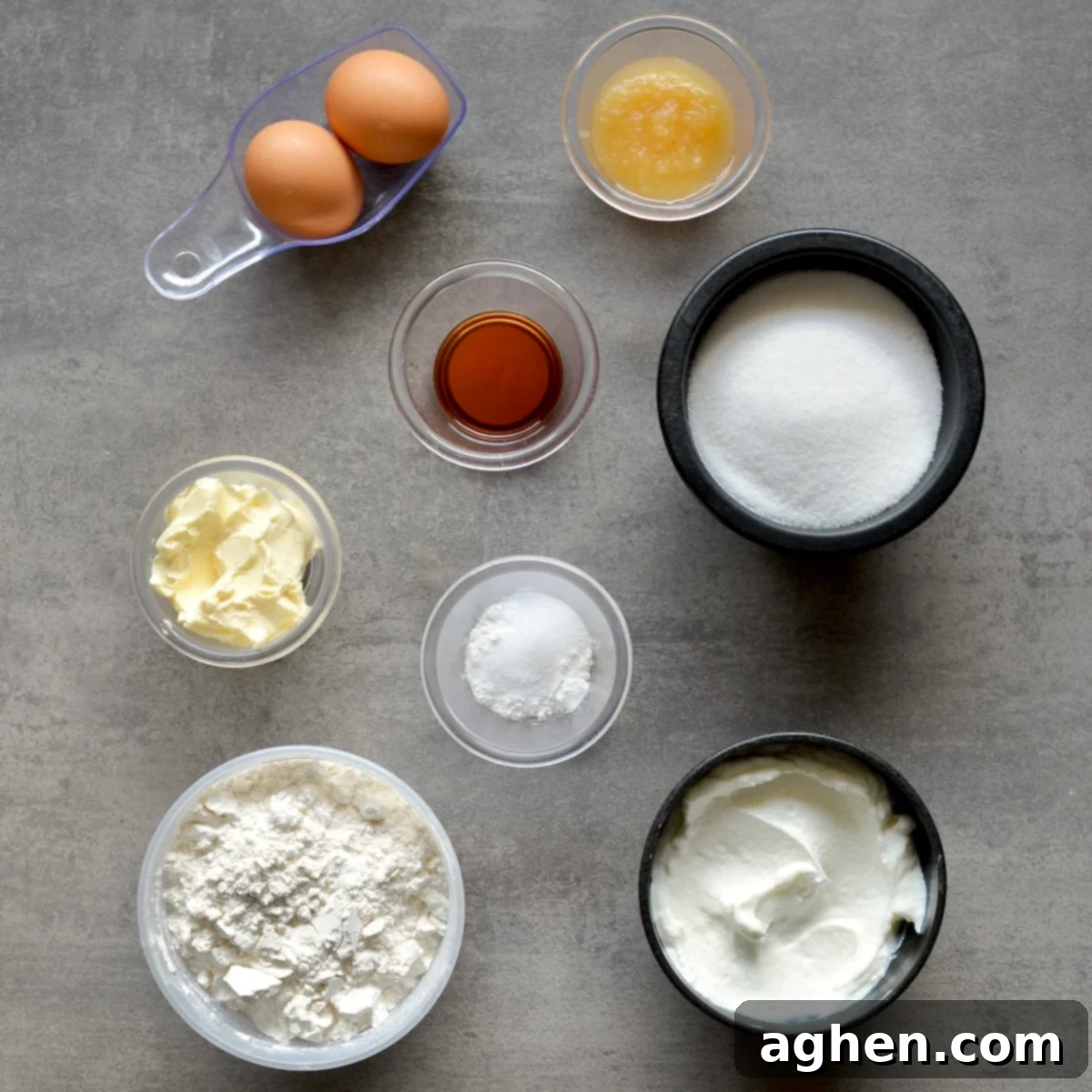 Weight Watchers Friendly Brown Sugar Oat Coffee Cake Perfection 3 A selection of fresh ingredients including flour, sugar, butter substitute, applesauce, eggs, and Greek yogurt, arranged on a kitchen counter, ready for baking the coffee cake.