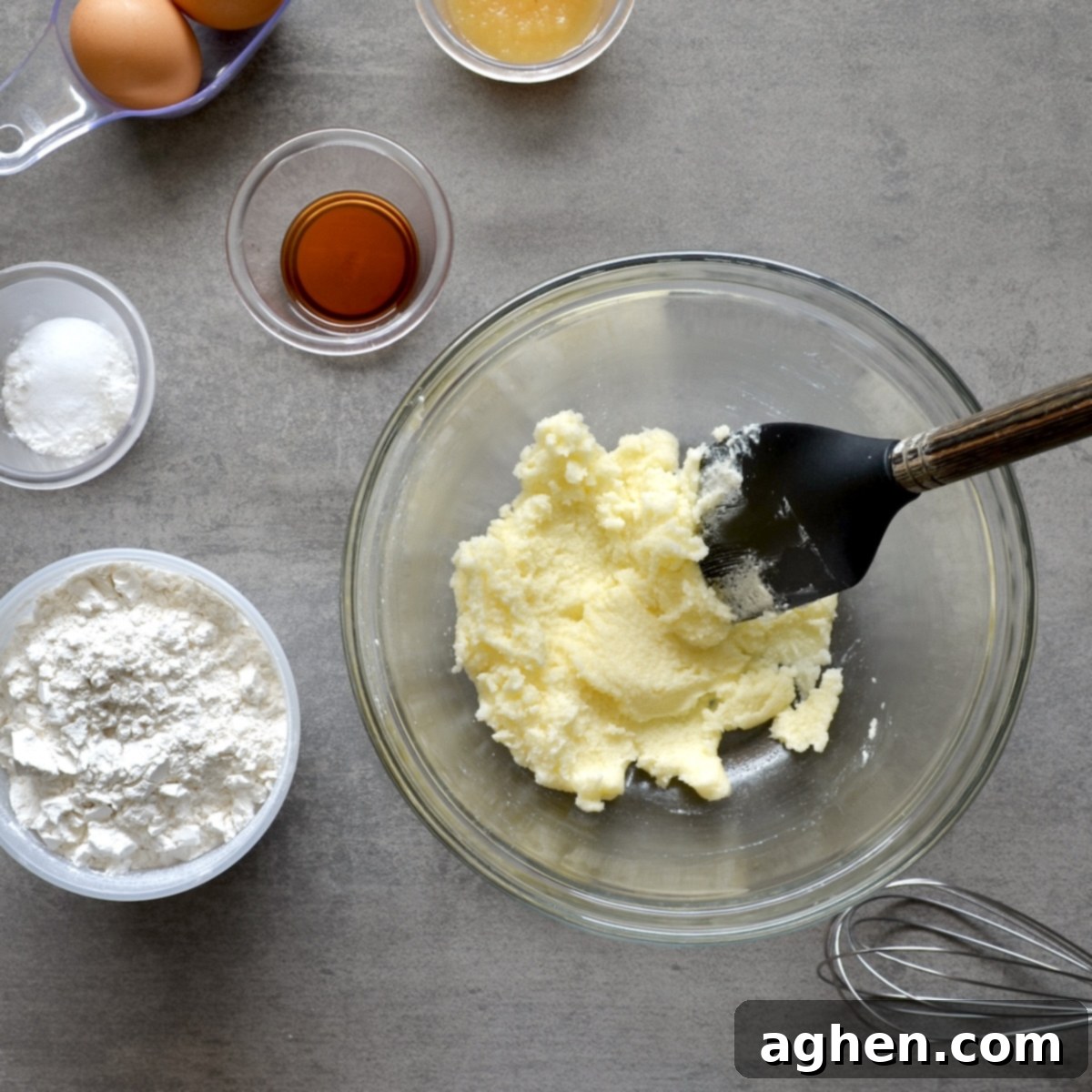 Weight Watchers Friendly Brown Sugar Oat Coffee Cake Perfection 5 Hands mixing granulated sugar and a light butter substitute in a large white bowl with a rubber spatula, a crucial first step for the cake batter.