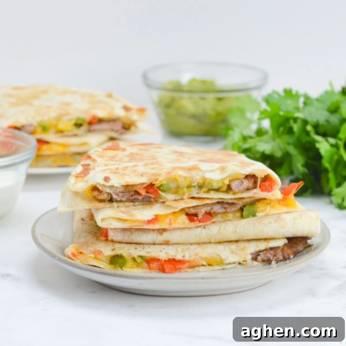 Blackstone Steak Quesadillas So Good They're Eaten Off the Griddle 2 blackstone steak quesadillas stacked on a white plate with garnishes in the background.