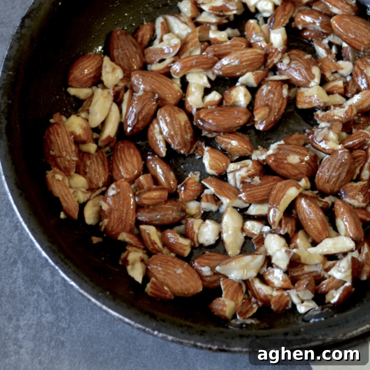 Golden Peach Crepes with Toasted Almond Crunch 4 Making candied nuts on the stovetop